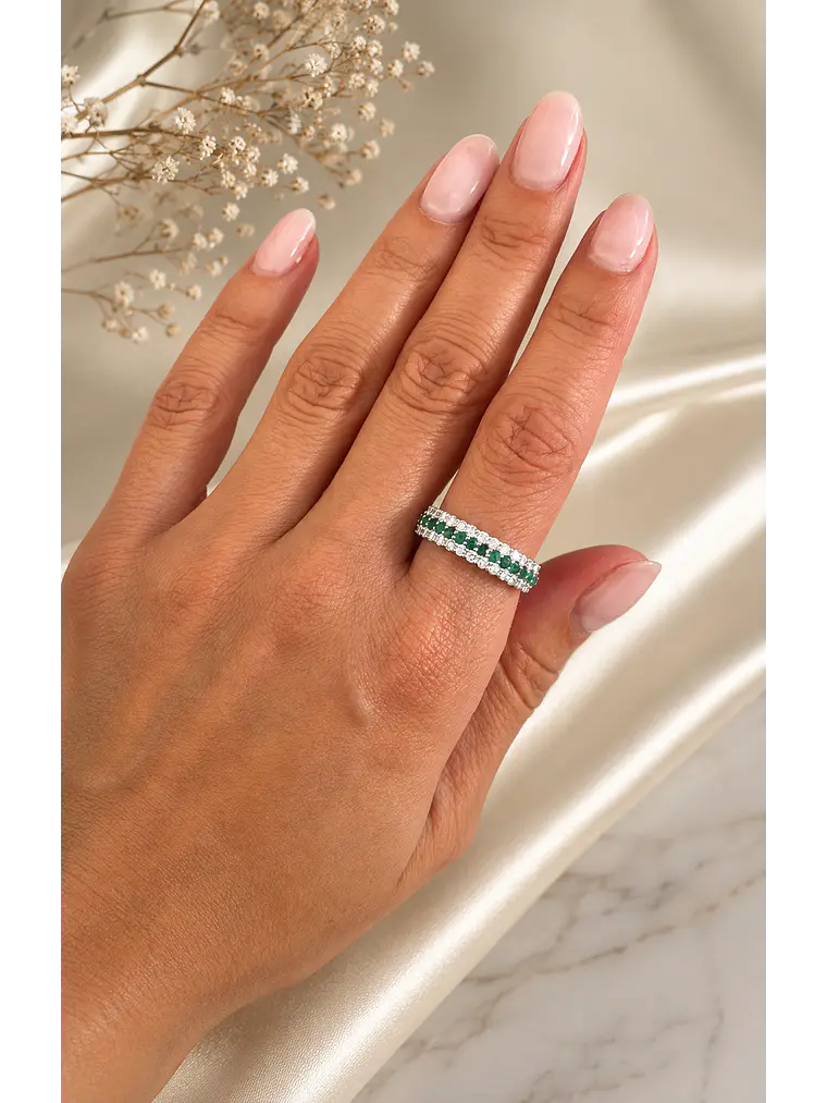 Anillo Medio Cintillo Triple Esmeraldas Diamantes Oro Blanco 18K 3