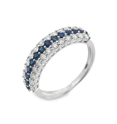 Anillo Medio Cintillo Triple Zafiros Diamantes Oro Blanco 18K