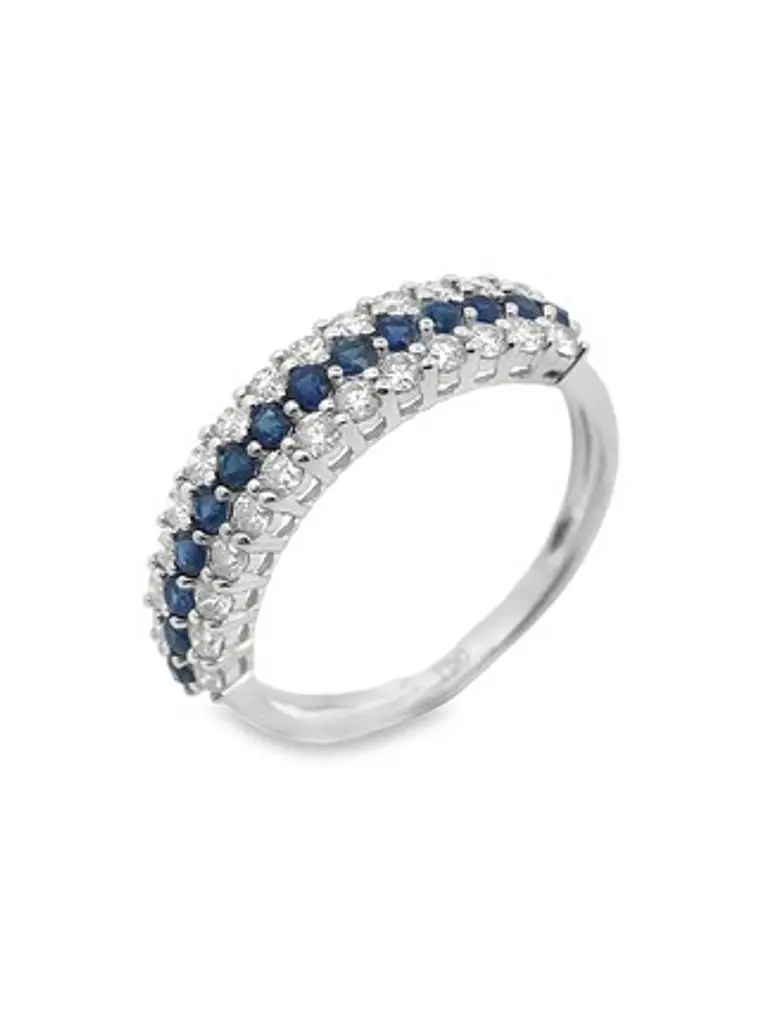 Anillo Medio Cintillo Triple Zafiros Diamantes Oro Blanco 18K 2