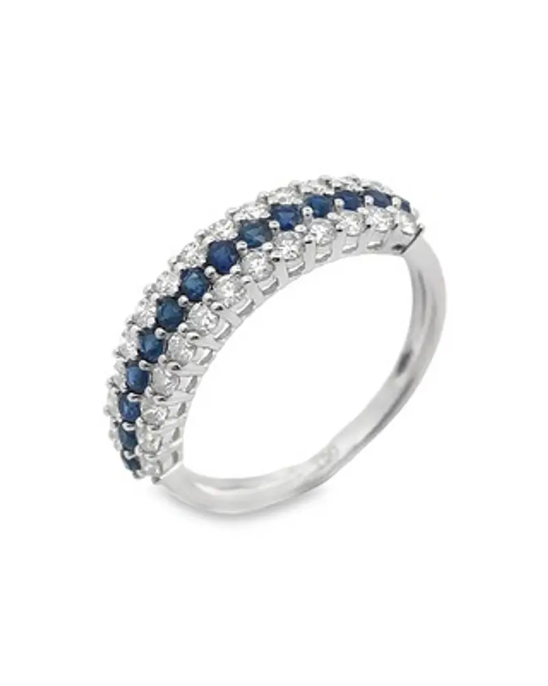Anillo Medio Cintillo Triple Zafiros Diamantes Oro Blanco 18K