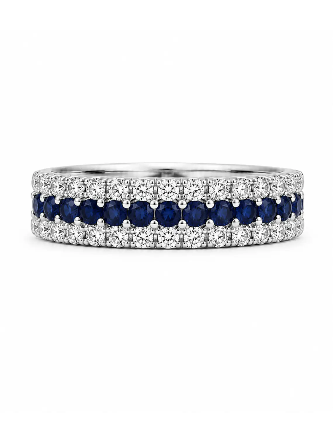 Anillo Medio Cintillo Triple Zafiros Diamantes Oro Blanco 18K 1