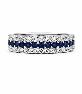 Anillo Medio Cintillo Triple Zafiros Diamantes Oro Blanco 18K