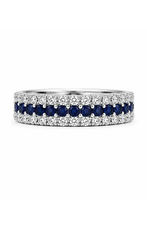 Anillo Medio Cintillo Triple Zafiros Diamantes Oro Blanco 18K
