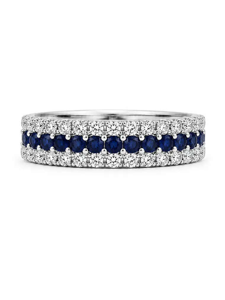 Anillo Medio Cintillo Triple Zafiros Diamantes Oro Blanco 18K 1