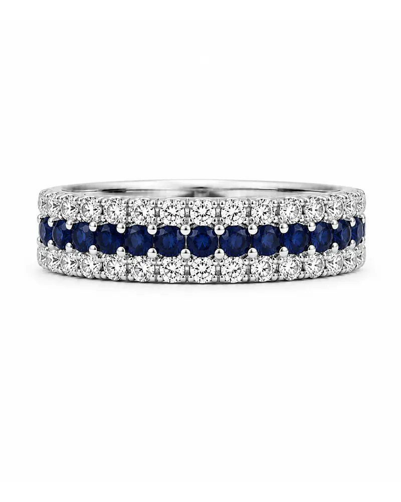 Anillo Medio Cintillo Triple Zafiros Diamantes Oro Blanco 18K