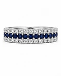 Anillo Medio Cintillo Triple Zafiros Diamantes Oro Blanco 18K
