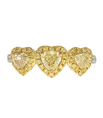 Anillo Tricillo Diamante Fancy Yellow Natural Corazones Oro Blanco 18k