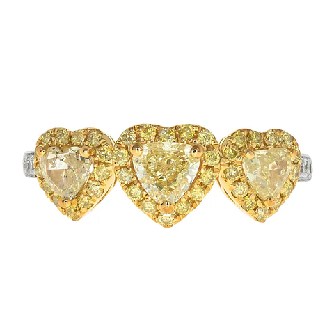 Anillo Tricillo Diamante Fancy Yellow Natural Corazones Oro Blanco 18k