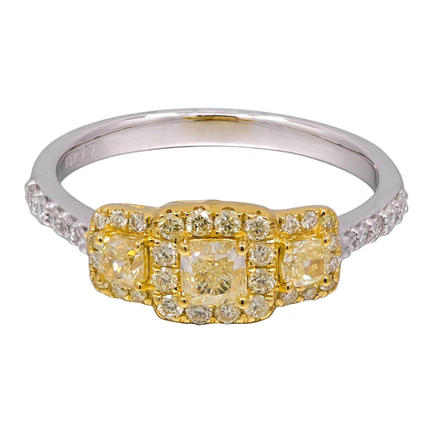 Anillo Tricillo Diamantes Fancy Yellow Natural Cushion Oro Blanco 18k