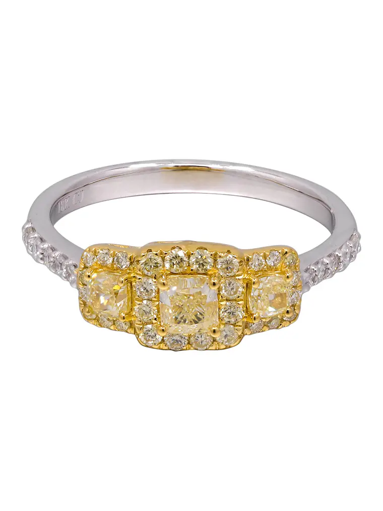 Anillo Tricillo Diamantes Fancy Yellow Natural Cushion Oro Blanco 18k 1
