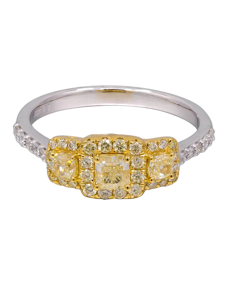 Anillo Tricillo Diamantes Fancy Yellow Natural Cushion Oro Blanco 18k