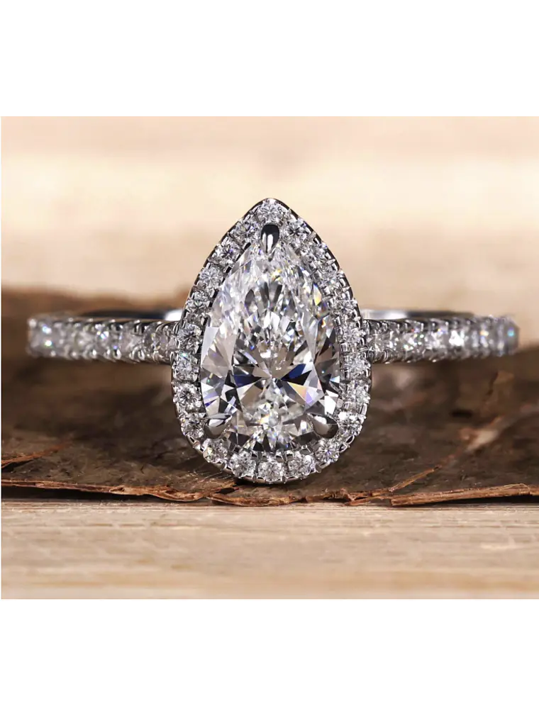 Anillo Solitario Corte Gota Pera Diamantes Naturales Oro Blanco 18K / GIA 6
