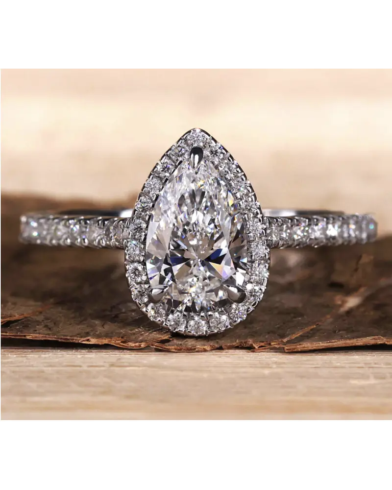 Anillo Solitario Corte Gota Pera Diamantes Naturales Oro Blanco 18K / GIA
