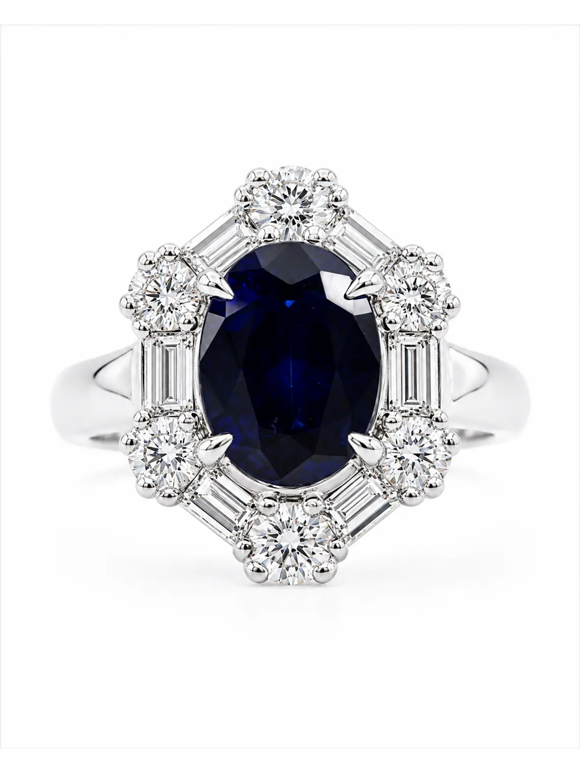 Precioso y Gran Anillo Solitario Zafiro Azul Diamantes Baguette Platino 1
