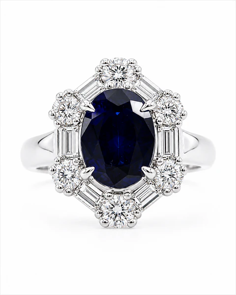 Precioso y Gran Anillo Solitario Zafiro Azul Diamantes Baguette Platino