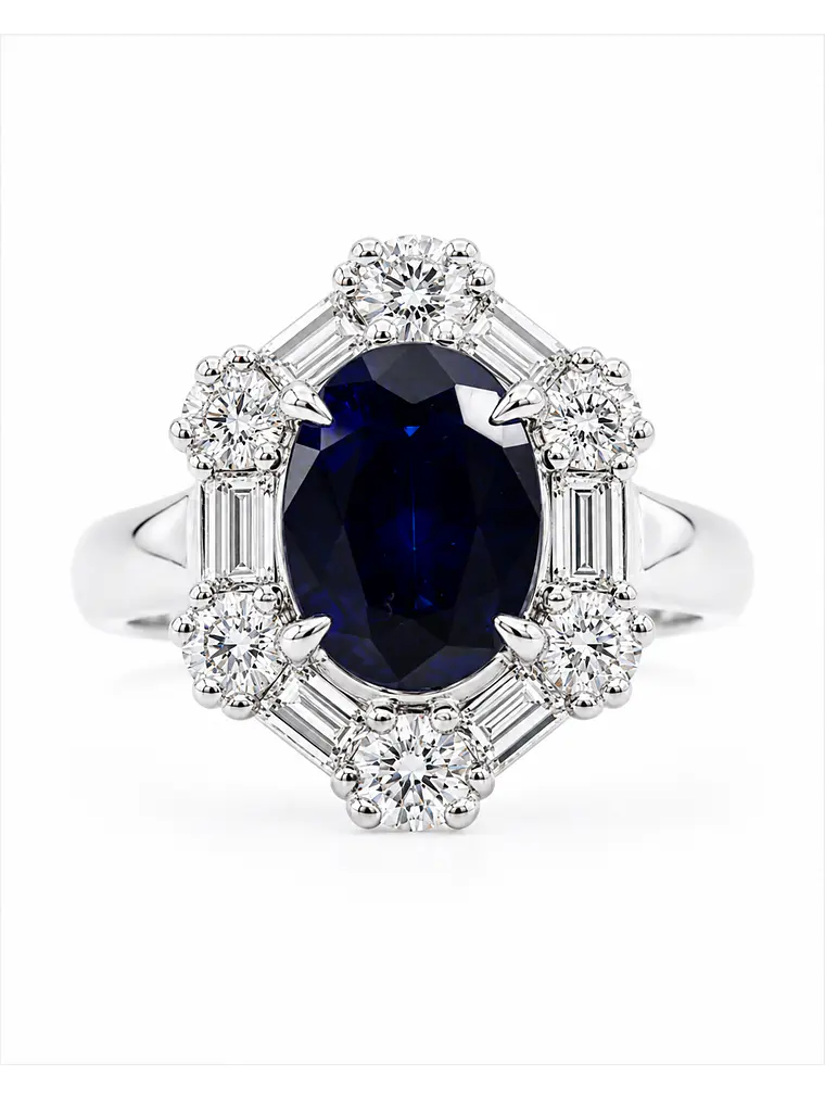 Precioso y Gran Anillo Solitario Zafiro Azul Diamantes Baguette Platino 1