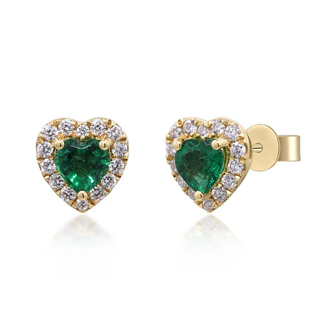 Aros Stud Esmeraldas Corazón y Diamantes en Oro Amarillo 18K