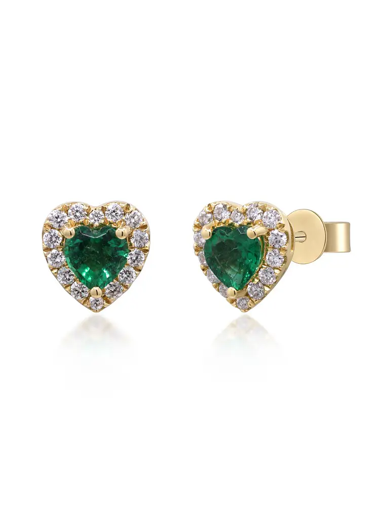 Aros Stud Esmeraldas Corazón y Diamantes en Oro Amarillo 18K 1