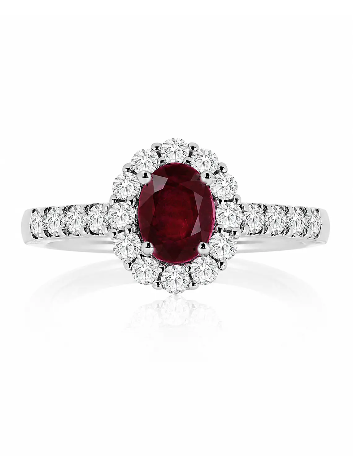 Elegante Anillo Rubí Oval Halo de Diamantes Oro Blanco 18K 1