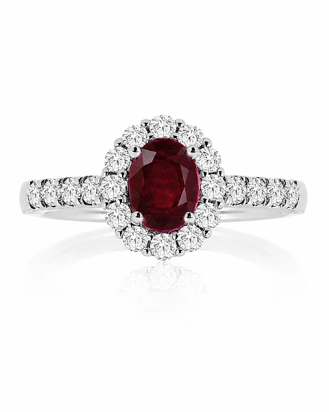 Elegante Anillo Rubí Oval Halo de Diamantes Oro Blanco 18K