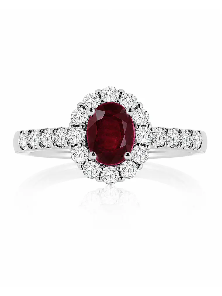 Elegante Anillo Rubí Oval Halo de Diamantes Oro Blanco 18K 1