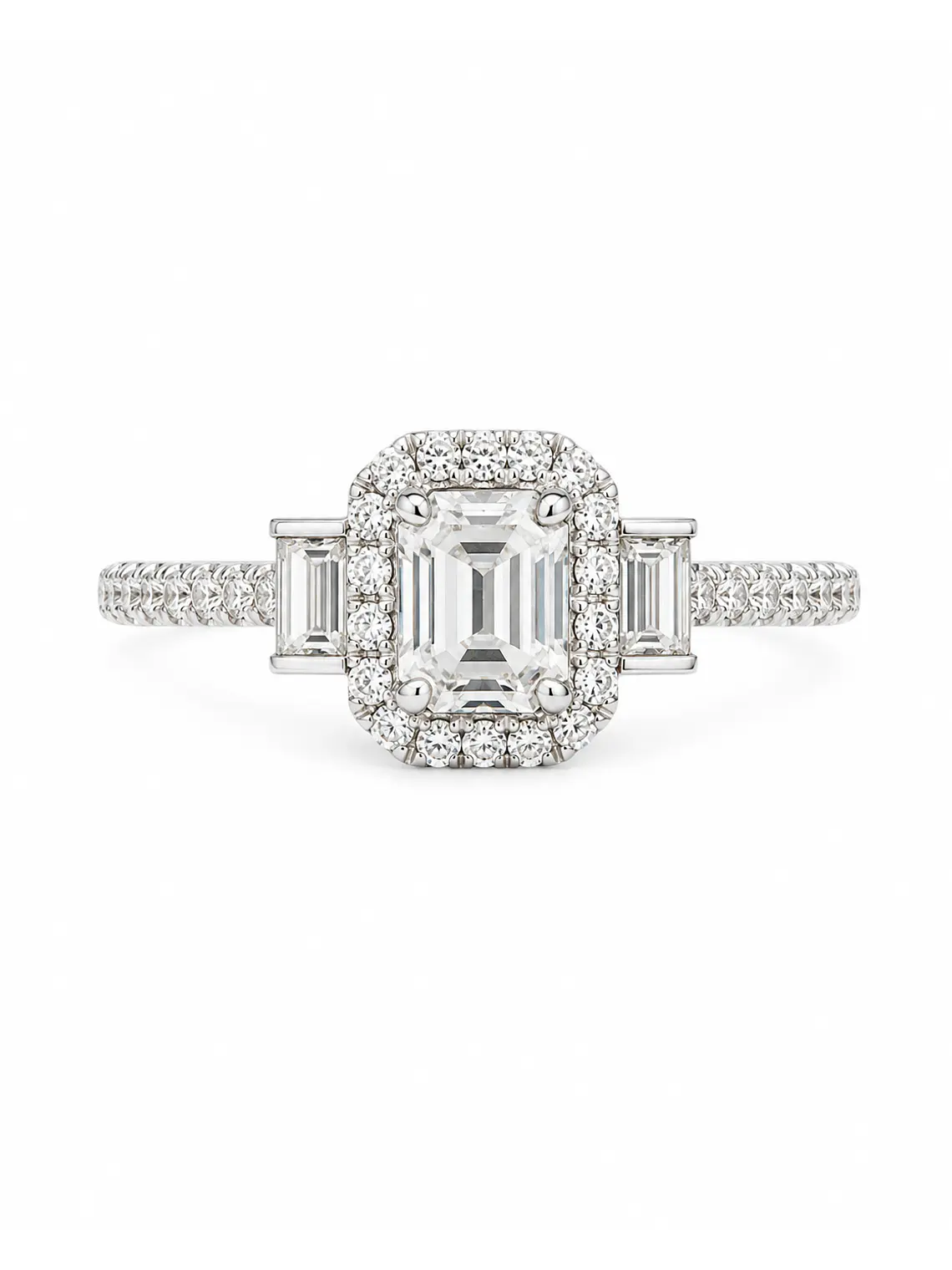 Exclusivo Anillo Tricillo Diamantes Esmeralda Baguette Oro Blanco 18K  1