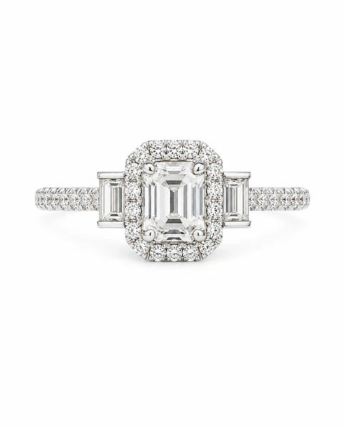Exclusivo Anillo Tricillo Diamantes Esmeralda Baguette Oro Blanco 18K 