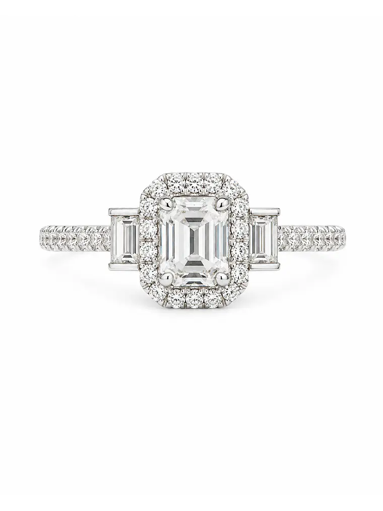 Exclusivo Anillo Tricillo Diamantes Esmeralda Baguette Oro Blanco 18K  1