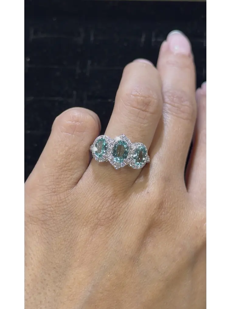Precioso Anillo Tricillo Paraíbas Naturales Diamantes en Oro Blanco 18K 2
