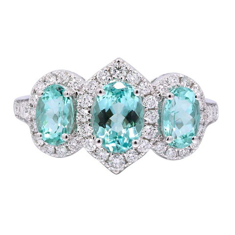 Precioso Anillo Tricillo Paraíbas Naturales Diamantes en Oro Blanco 18K