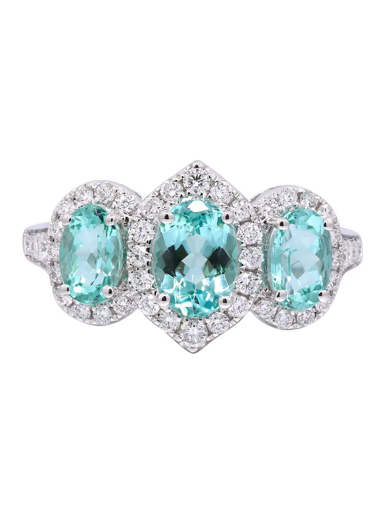 Precioso Anillo Tricillo Paraíbas Naturales Diamantes en Oro Blanco 18K 1