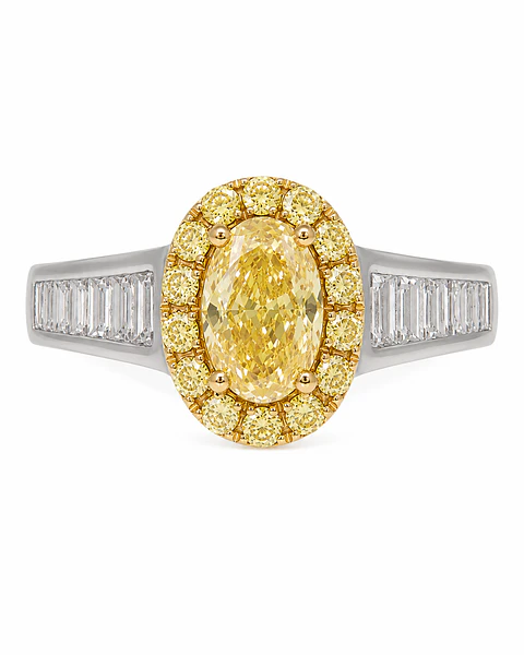 Anillo Solitario Diamante Fancy Yellow Natural Oval Oro Blanco 18k