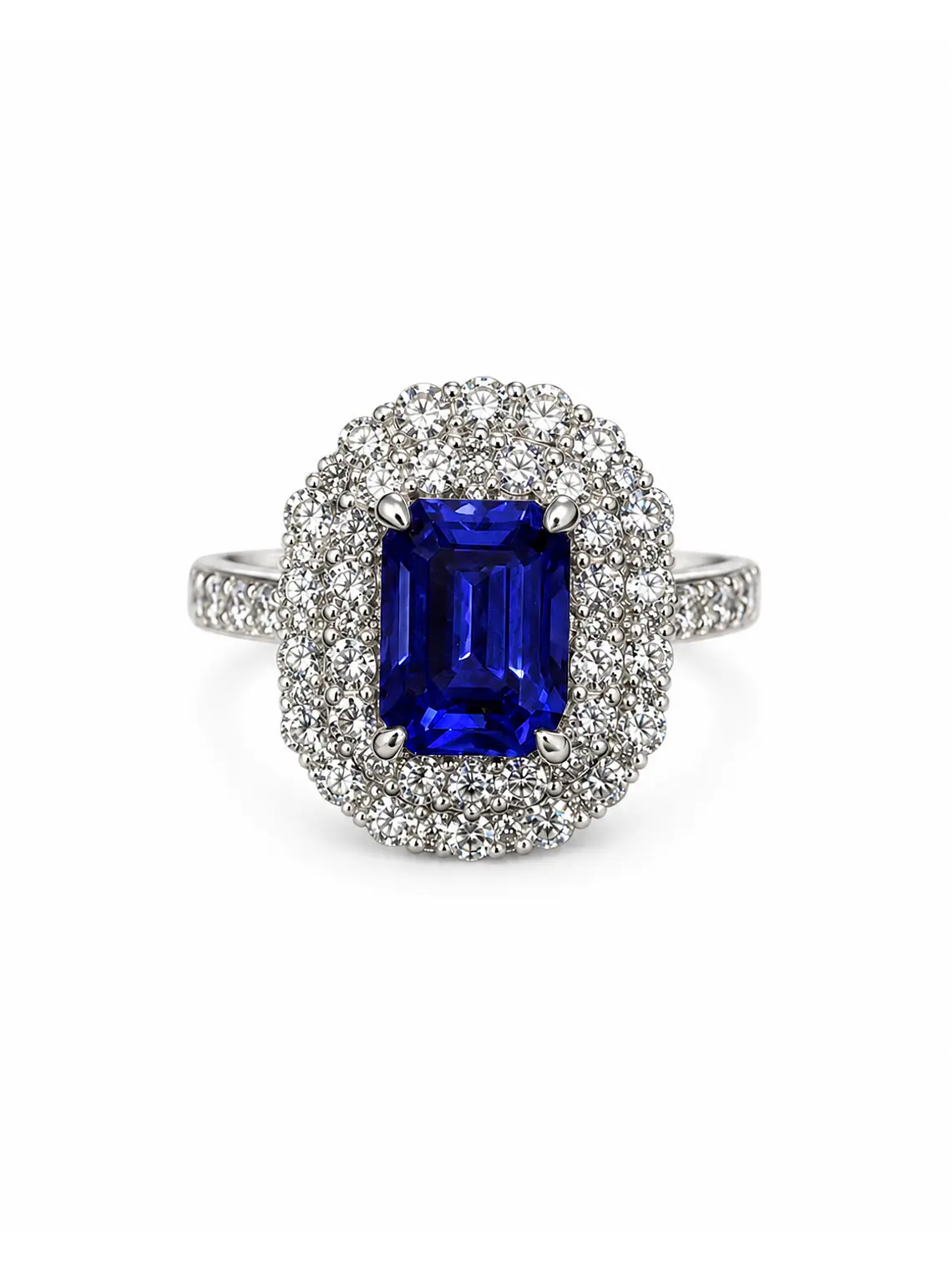 Espectacular Anillo Gran Tanzanita Doble Halo de Brillantes en Platino 2
