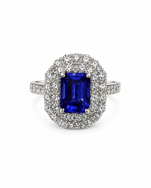 Espectacular Anillo Gran Tanzanita Doble Halo de Brillantes en Platino