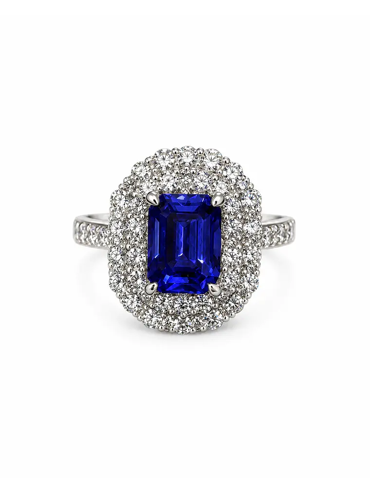 Espectacular Anillo Gran Tanzanita Doble Halo de Brillantes en Platino 2