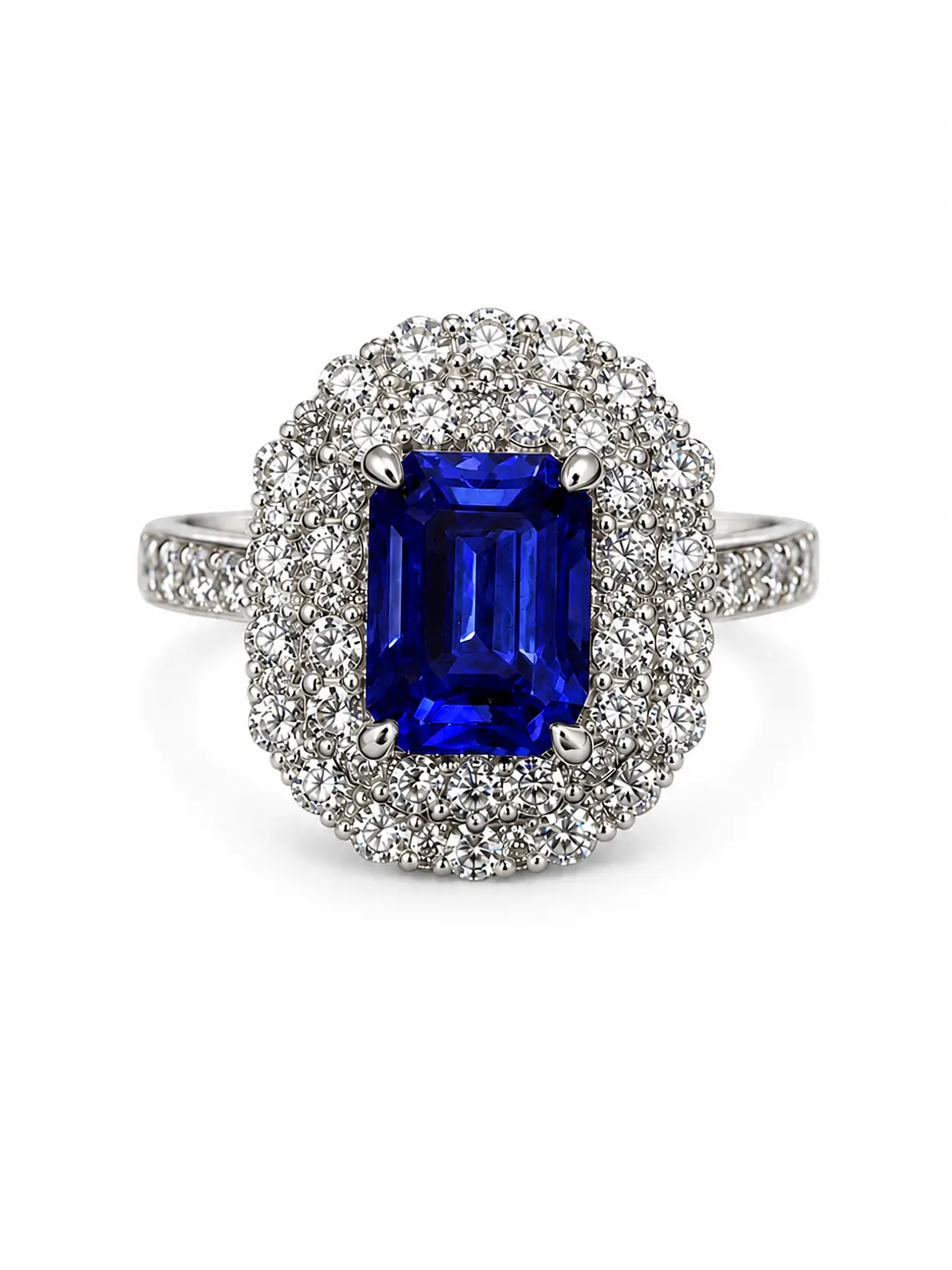 Espectacular Anillo Gran Tanzanita Doble Halo de Brillantes en Platino 1