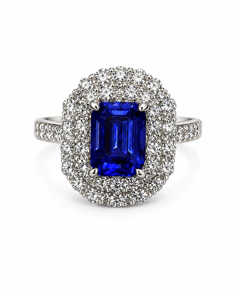 Espectacular Anillo Gran Tanzanita Doble Halo de Brillantes en Platino