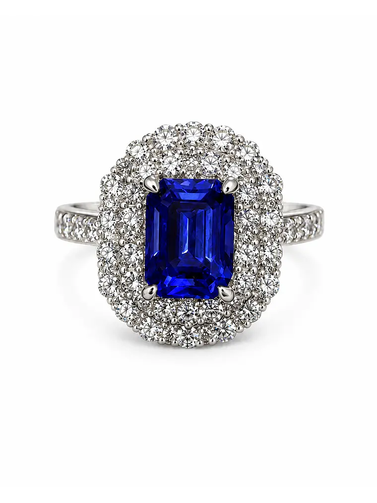 Espectacular Anillo Gran Tanzanita Doble Halo de Brillantes en Platino 1