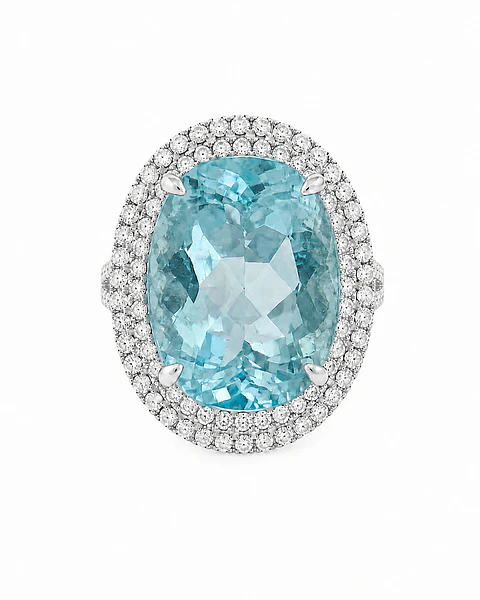 Gran Maxi Anillo Aguamarina y Diamantes Naturales en Platino