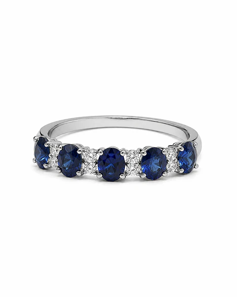 Anillo Cintillo Zafiros y Diamantes Oro Blanco 18K