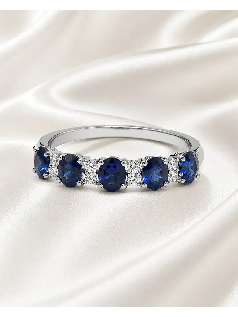 Anillo Cintillo Zafiros y Diamantes Oro Blanco 18K 2