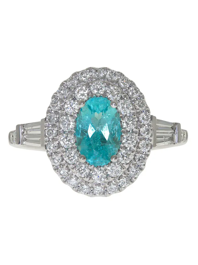 Precioso Anillo Turmalina Paraíba Natural Halo de Diamantes en Oro Blanco 18K 1