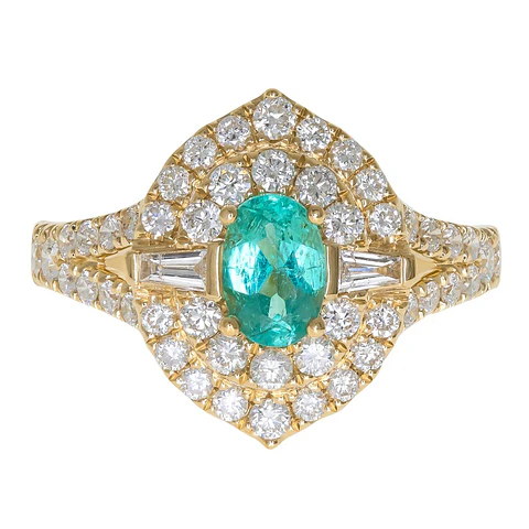 Precioso Anillo Turmalina Paraíba Natural y Diamantes en Oro Amarillo 18K