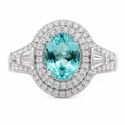 impactante Anillo Turmalina Paraíba Natural Halo Diamantes en Oro Blanco 18K