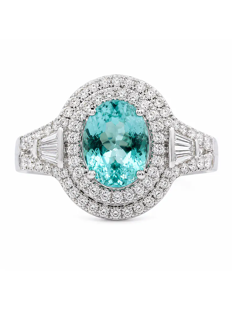 impactante Anillo Turmalina Paraíba Natural Halo de Diamantes en Oro Blanco 18K 1