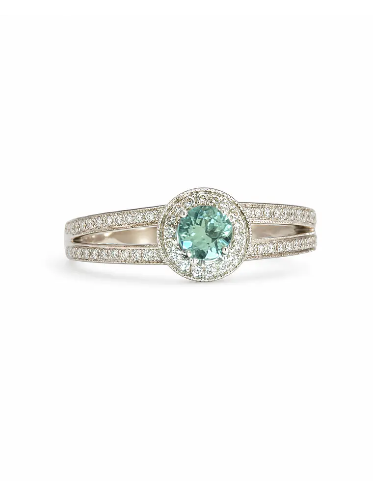 Precioso Anillo Turmalina Paraíba Natural y Diamantes en Oro Blanco 18K 1