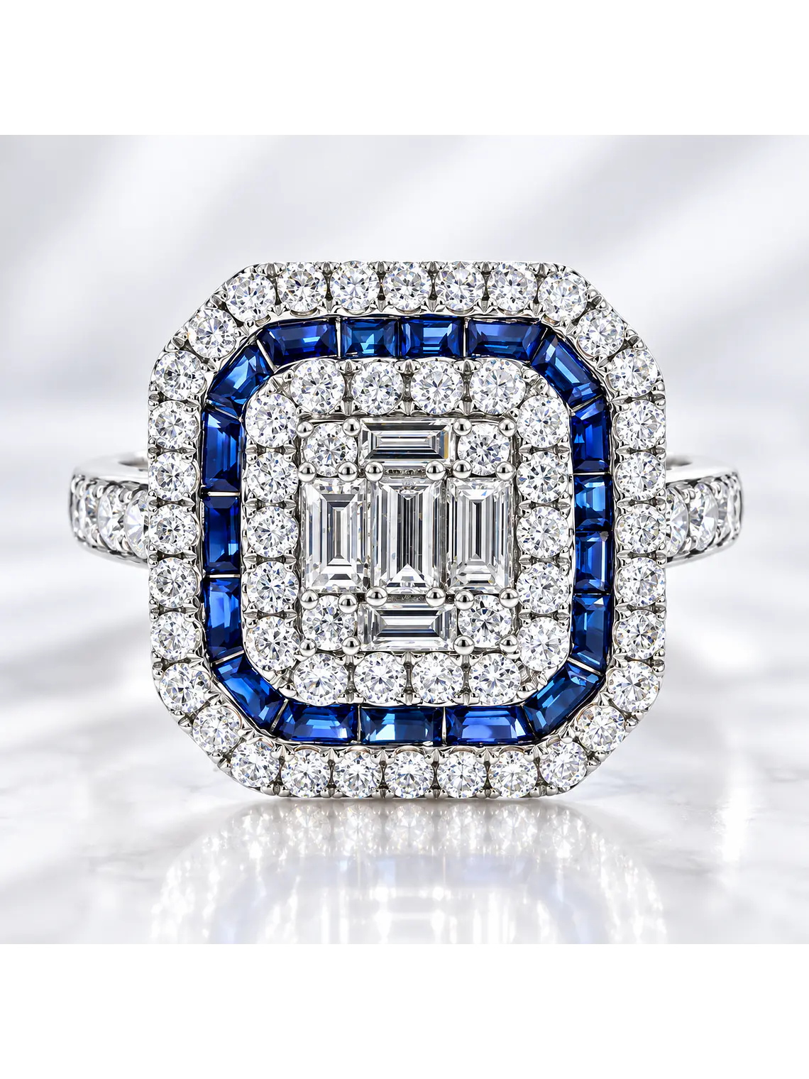 Magnífico Maxi Anillo Zafiros Azules y Diamantes Naturales Oro Blanco 18K 2