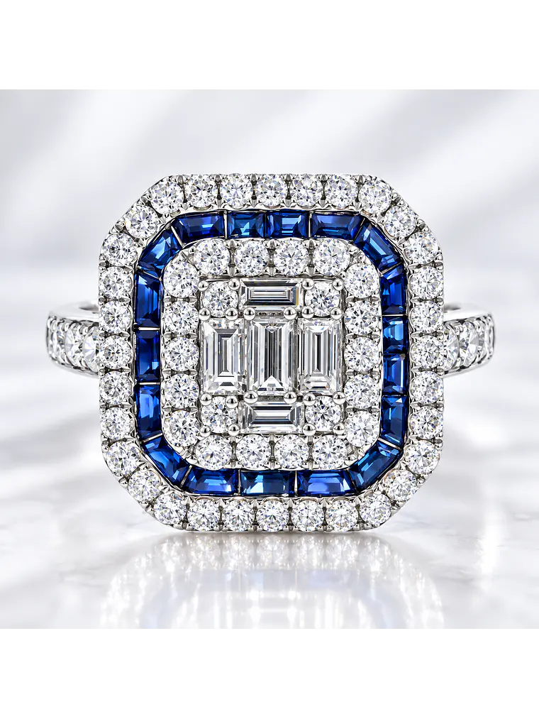 Magnífico Maxi Anillo Zafiros Azules y Diamantes Naturales Oro Blanco 18K 2