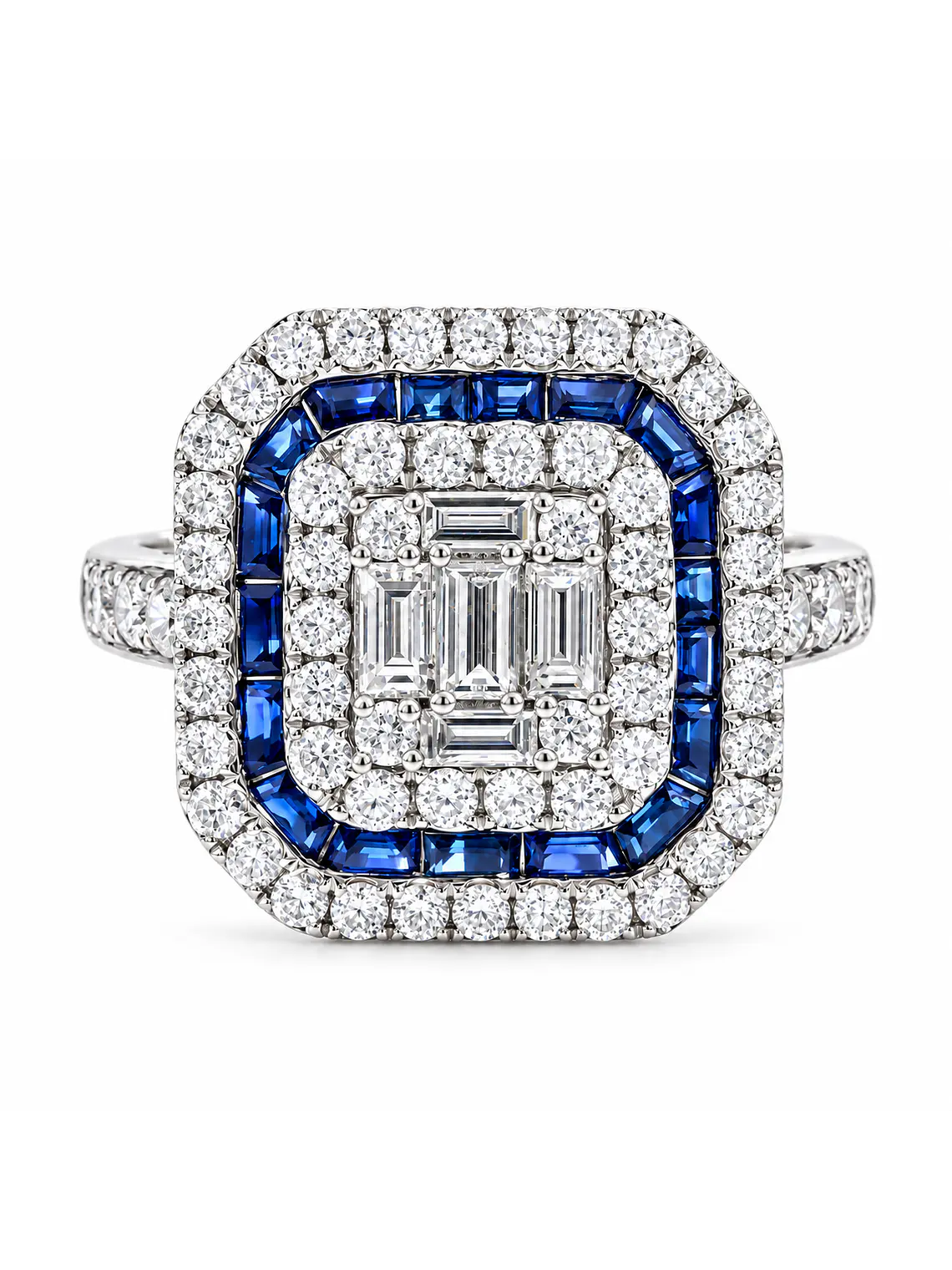 Magnífico Maxi Anillo Zafiros Azules y Diamantes Naturales Oro Blanco 18K 1