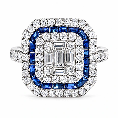 Magnífico Maxi Anillo Zafiros Azules y Diamantes Naturales Oro Blanco 18K
